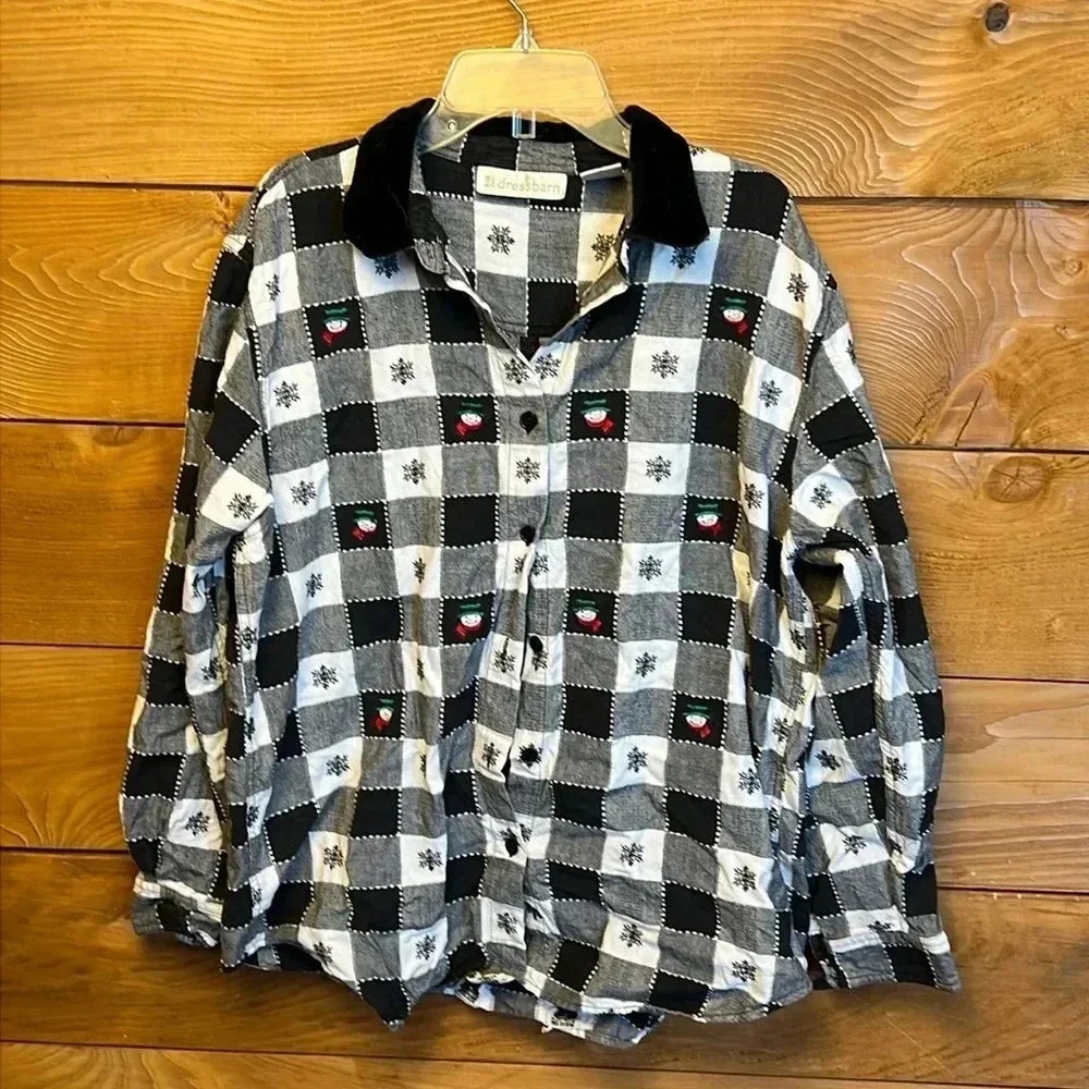 dressbarn Black and White Plaid Button-Down Shirt with Embroidered Accents